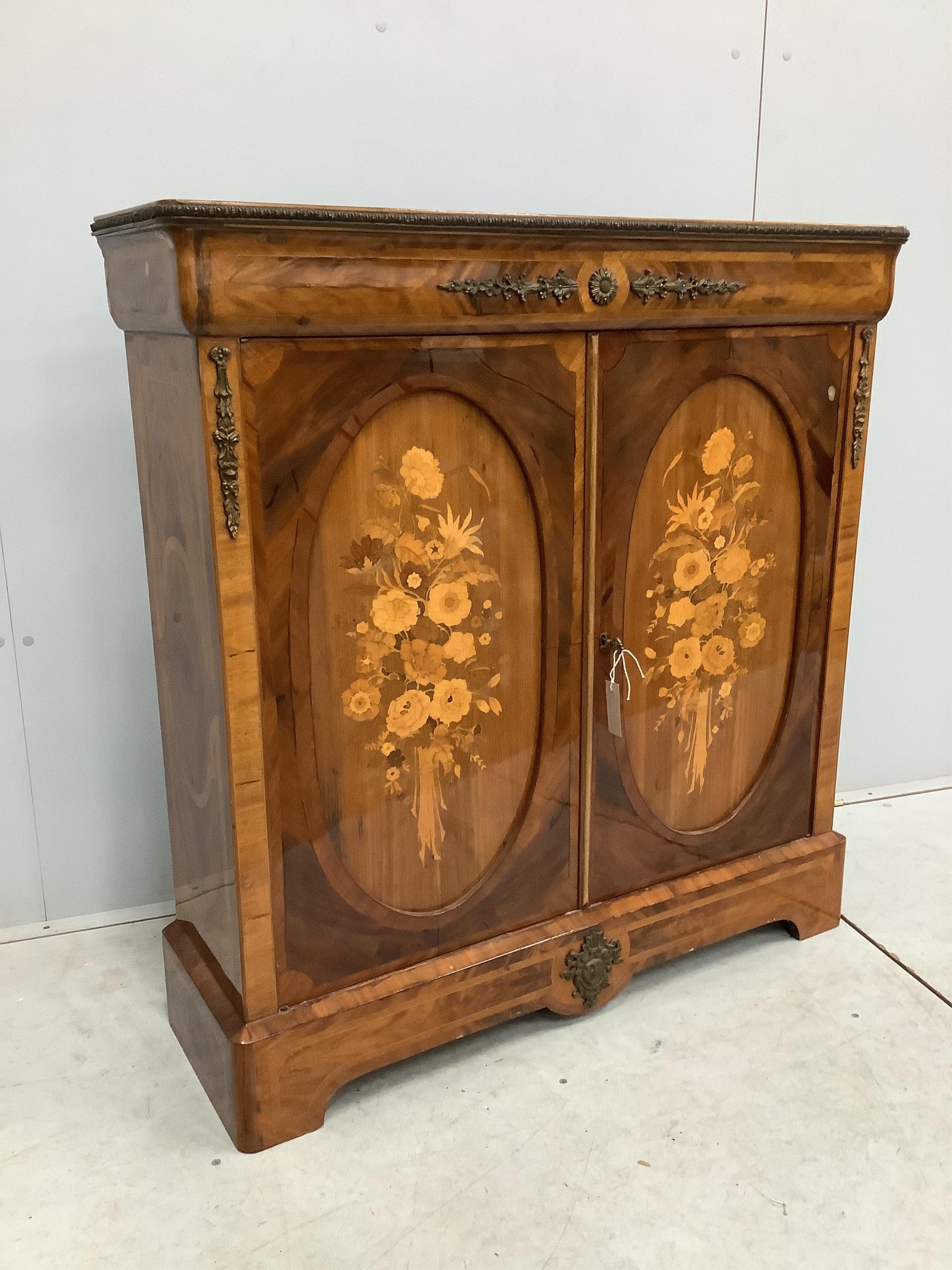 A gilt metal mounted cross banded and marquetry inlaid side cabinet, width 101cm, depth 31cm, height 105cm. Condition - fair